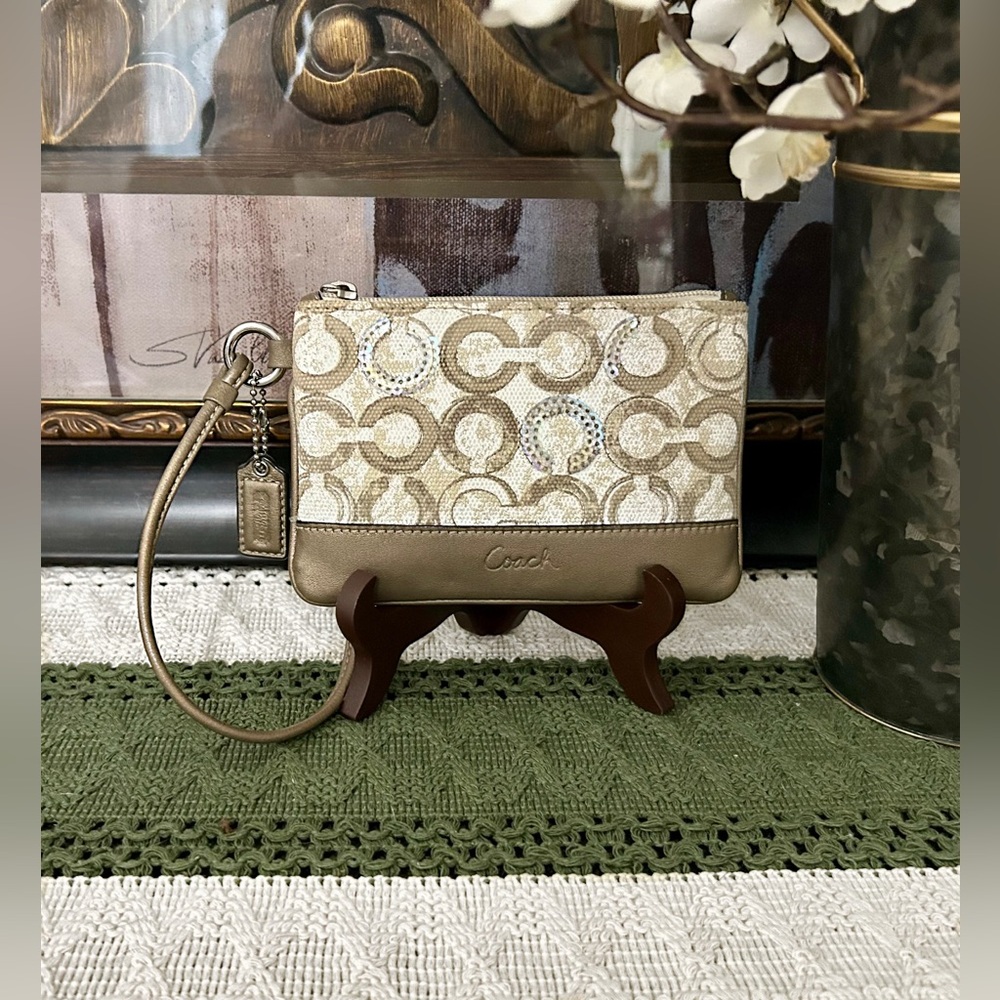 Coach Beige Signature Logo Wristlet with Metallic Accents - Picture 2 of 15